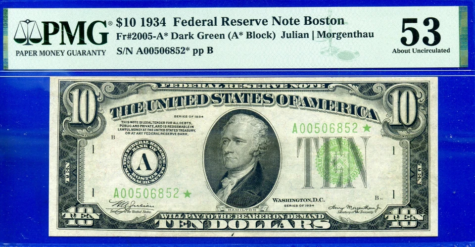 1934 $10 Federal Reserve Note PMG 53 2nd highest graded Boston star Fr 2005-A* - Image 1 of 4