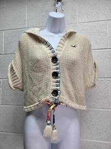 Hollister Junior Women’s Knit Cropped Cardigan Size Large Cream Tassel Tie Hood - Picture 1 of 10