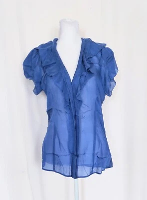 BCBGMAXAZRIA Size Small Short Sleeve Ruffle Neck Top Blouse Blue NWT - Image 1 of 4