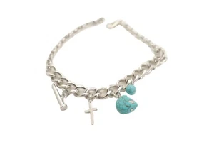 Women Silver Metal Chain Boot Bracelet Shoe Cross Nail Turquoise Skull Charms - Picture 1 of 12