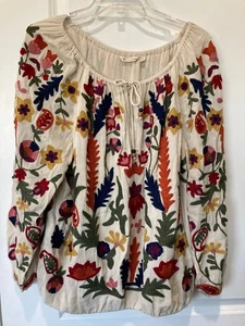 Soft Surroundings Blouse Womens Sz XL Cream Embroidered Floral Boho Peasant Top - Picture 1 of 7