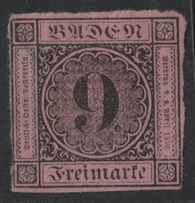 GERMANY 1851 SCOTT #4A NINE KR. UNUSED NO GUM THIN PAPER ALSO HAS A THIN - Image 1 of 2