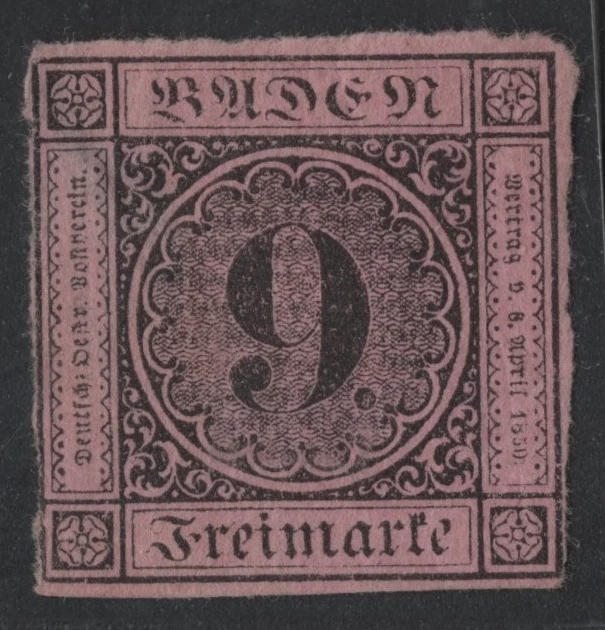 GERMANY 1851 SCOTT #4A NINE KR. UNUSED NO GUM THIN PAPER ALSO HAS A THIN - Image 1 of 2
