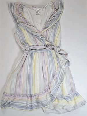 Mini Vestido Lauren Conrad Para Mujer Pequeño Pastel Multi Rayas Envolvente Frontal Ropa de Resort Foto 1 de 4