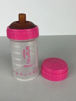 Vtg Playtex Nurser Drop In 4 oz Pink Baby Bottle Flat Top Brown Nipple **READ - Image 1 of 4