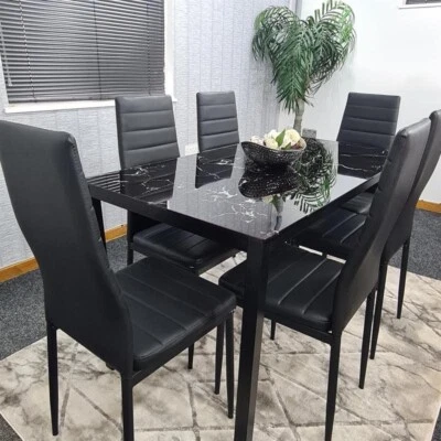 6 Seat Black Marble Effect Glass Dining Table & 6 Chairs Modern Set - Image 1 of 4