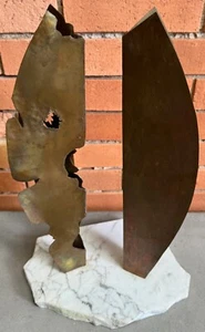 Vintage Copper Shapes Stone Abstract Brutalist Sculpture Modern Art 90s Signed - Picture 1 of 8