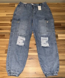 Forever 21 LARGE Ripped Cargo Jean Joggers Womans Distressed Baggy Faded NWT  L - Picture 1 of 7