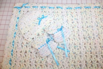 Crocheted Baby Blanket SET with Blue Ribbon, Hat & Booties.  31x36. See Below: - Image 1 of 4