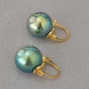 Highlights 16MM Peacock Green Shell Pearl Earrings 18K Party Drop Handmade - Picture 1 of 4