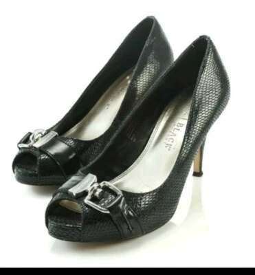 Zapatos Casa Blanca Mercado Negro Tacones Estampado Serpiente Punta abierta Negro Carrie Ann 8M Foto 1 de 4