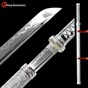 All Silver Dragon Ninjato Clay Tempered T1095 Katana Ninja Straight Stick Sword - Picture 1 of 10