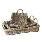 Set of 3 Rattan Cane Serving Trays Woven Gray Nesting 25 in with Handles