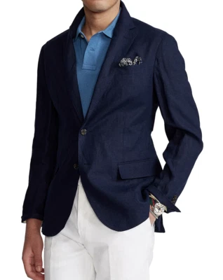 Polo Ralph Lauren Para hombres Azul Marino Calce Ajustado Slub Lino Dos Botones Traje Chaqueta Nuevo con Etiquetas $398 Foto 1 de 4