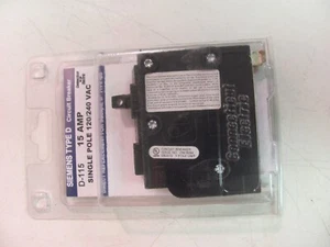 SIEMENS D-115 CIRCUIT BREAKER, 15 AMP, TYPE D, SINGLE POLE - Picture 1 of 5