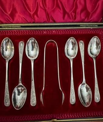 Juego de cucharaditas y pinzas de plata esterlina ENRY HOBBS & SONS EDUARDIANO 1905 INGLÉS Foto 1 de 4