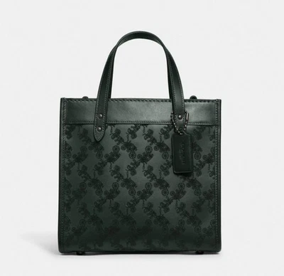 全新带标签 Coach Field 托特包 22 马和马车丝绒皮革亚马逊绿色 — 第 1/4 张图片
