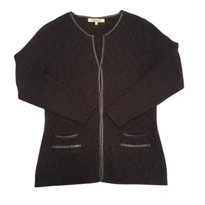 Rani Arabella Made in Italy Black Cashmere Leather Trim Cardigan Womens Large 10 - Picture 1 of 11