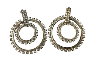 Pendientes circulares colgantes vintage - pedrería transparente - tono plata - perforados - 1,75" (402) - Imagen 1 de 4