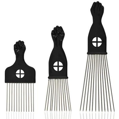 3-Piece Stainless Steel Afro Hair Pick Set, Fist Design for Men & Women,...  - Image 1 of 4
