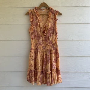 Poupette St Barth Floral Mini Dress Large L Smocked Waist Ruffles Tassels - Picture 1 of 11