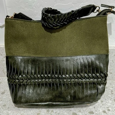 Nuevo sin etiquetas Bolso de hombro Cartera de cuero trenzado sintético gamuza oliva verde bosque oscuro 10x9 Foto 1 de 4