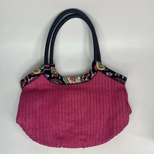 Vera Bradley Fuchsia Pink Navy Straw Bucket Tote Petal Paisley Bag Medium - Picture 1 of 6
