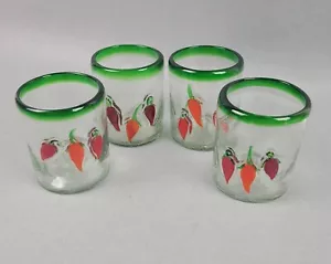 4 mundgeblasene rote Chilischote Gläser mit grünem Rand Mexiko Barware Cinco de Mayo - Bild 1 von 19