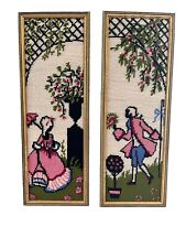 Vintage Wool Needlepoint Courting Couple Lot of 2 Framed Gold Gilded Wood 6"x17"
