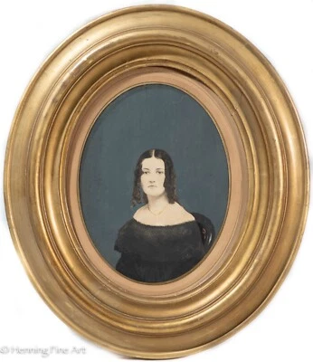 Beautiful Antique Painting American Female Portrait Gold Oval 19th Century - Image 1 of 4