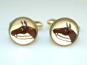 VINTAGE REVERSE PAINTING UNDER GLASS HORSE HEAD CUFFLINKS 1/2 INCH DIAMETER - Picture 1 of 4