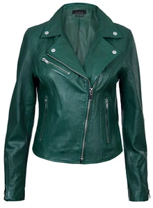 Ladies Leather Jacket Classic Biker Style Green Real Leather Womens Jacket - Picture 1 of 5
