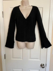 BEBE schwarz Angora Mischung Twist Front tief V lange Glockenärmel Large - Bild 1 von 8