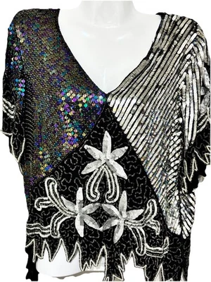 Blusa De Colección Scala Con Cuentas Lentejuelas Top Negro Plata Adornada Talla Grande Foto 1 de 4