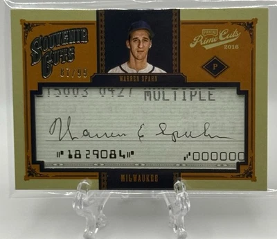 Warren Spahn 2016 Panini Prime Cuts Souvenir Cuts - Cut Check Auto /99! Braves - Image 1 of 3