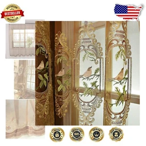 Set of 2 Embroidered Bird Sheer Curtains in Brown Tulle - Elegance for Any Room - Picture 1 of 11