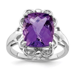 Sterling Silver Rhodium-plated Checker-Cut Amethyst & Diamond Ring Size 7 - Picture 1 of 4