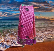 Womens Beach Wrap Skirt, 2 Layer Skirts, Pink Printed Sari Skirt, One Size