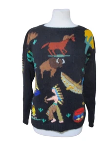 Vintage 80er 90er Indianer Wüste Southwestern Strick Pferd schwarz Pullover - Bild 1 von 7