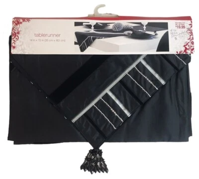 Table Runner Cloth Beaded Black Velvet Silver 14x72” Stripped Ribbon Sequined - Image 1 of 4
