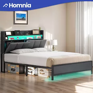 Full Size Bed Frame Upholstered Platform LED Storage Charging Headboard Shelves - Picture 1 of 12