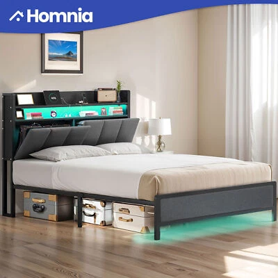 HOMNIA Full Size Bed Frame Upholstered Platform LED Storage Charging Headboard Shelves