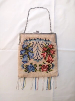 Vintage Antique Floral Beaded Purse Handbag Bag w/ Purple Lining - Image 1 of 4