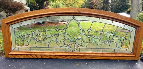 Antique ARCHED TRANSOM BEVELED LEADED, GLASS WINDOW - OAK FRAME Cover