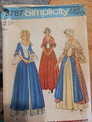 Simplicity 6787 Bicentennial Costume Pattern Dress Cap Shawl  Sz 12 Uncut FF - Image 1 of 3