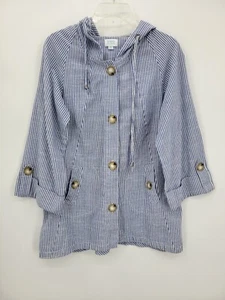 Sigrid Olsen Jacket Womens Small Blue White Stripe Linen Hooded Button Up Beachy - Picture 1 of 7