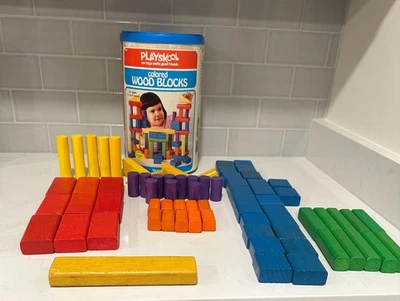 Vintage 1977 Playskool Colored Wood Building Blocks in Storage Can Complete + - Image 1 of 4