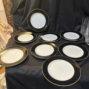 Taitu Porcelain Italy Due Black Gold Rim Set 8 Salad Plates 7 3/4 In - Picture 1 of 14