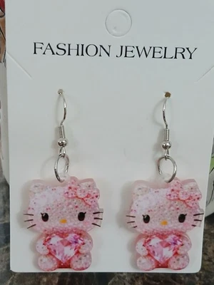 Nuevos Pendientes Hello Kitty Rosa Con Corazón Cristal Acrílico Sanrio San Valentín Foto 1 de 2