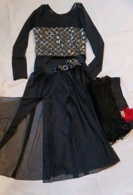 Black with Red Hairpiece Girls Costume. Size 10-11. Sheer Skirt. 4 Pcs. Leotard - Image 1 of 4